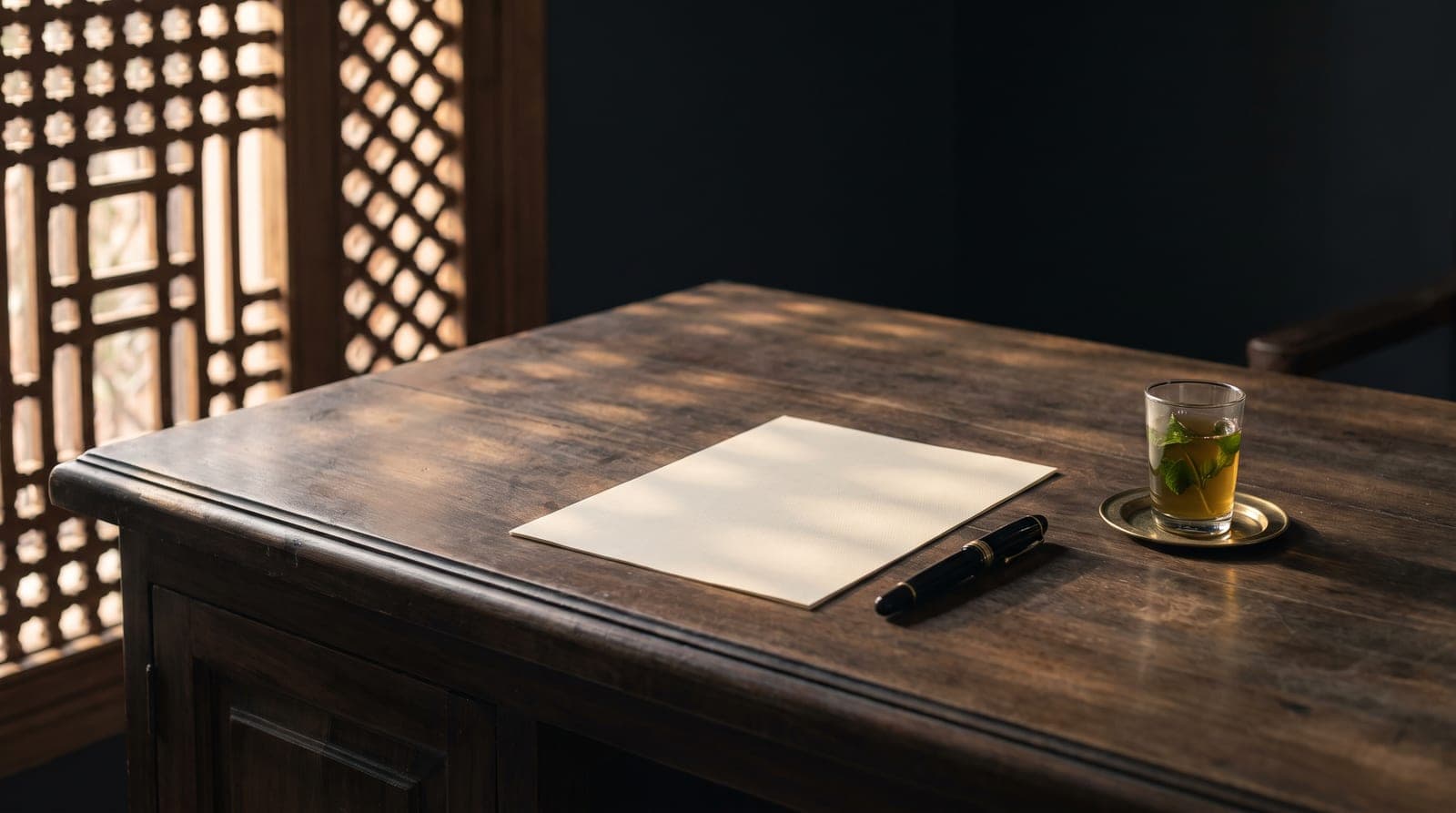 Bureau d'un cabinet d'avocats à Marrakech, feuille vierge et stylo plume, lumière filtrée par un moucharabieh